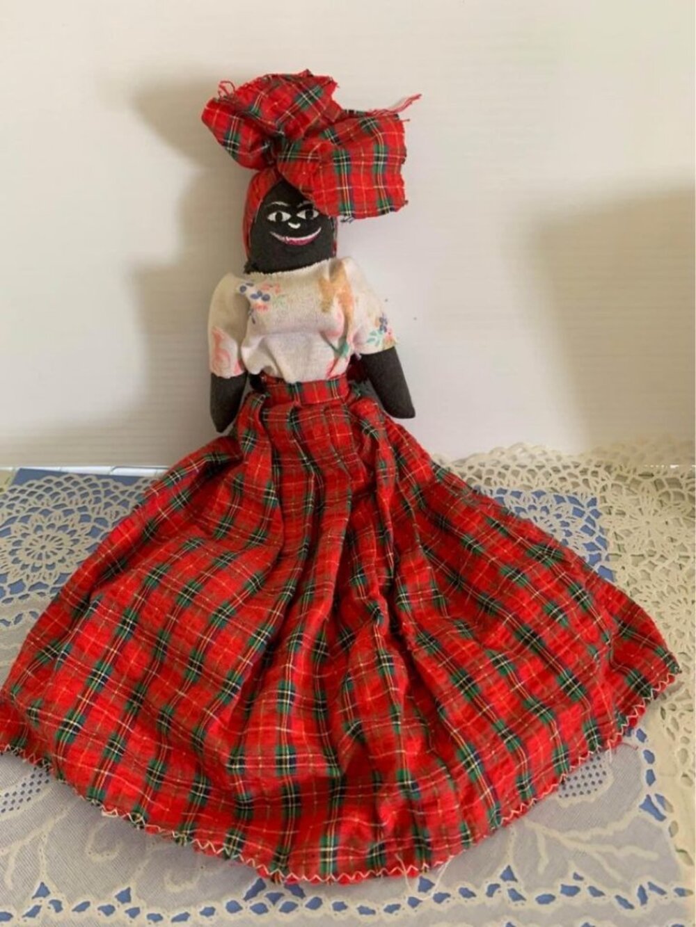 Vintage Handmade Cloth Rag Doll Red Plaid Dress & Headscarf 12"
